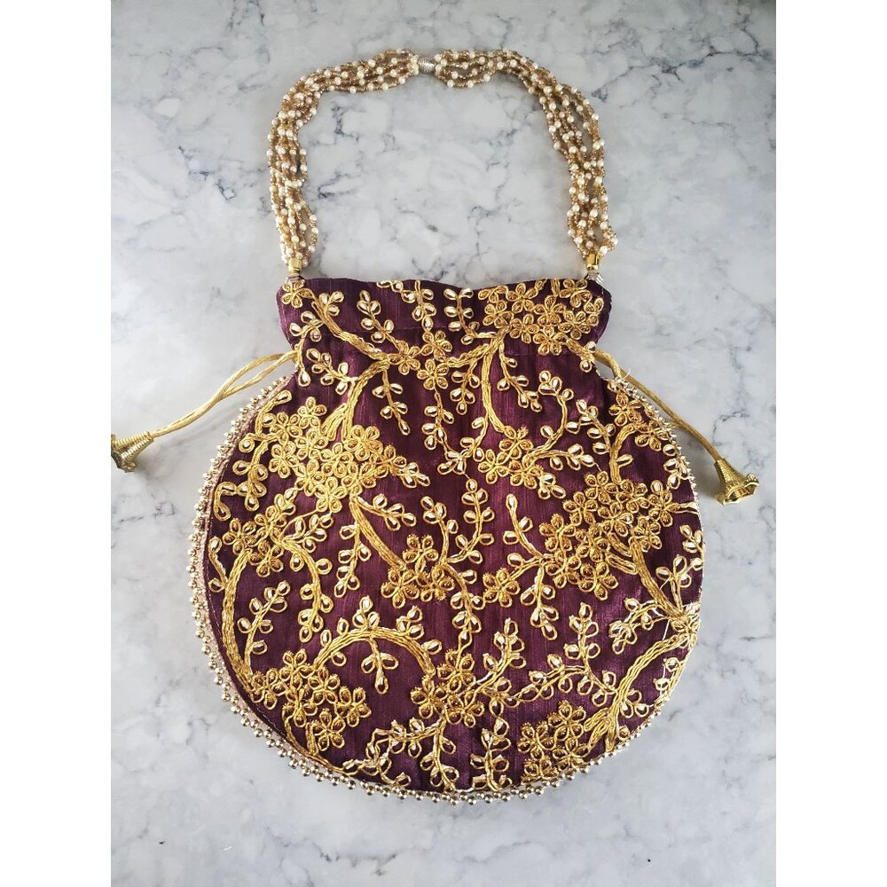 Elegant Embroidered Drawstring Potli Bag With Pearl Handle